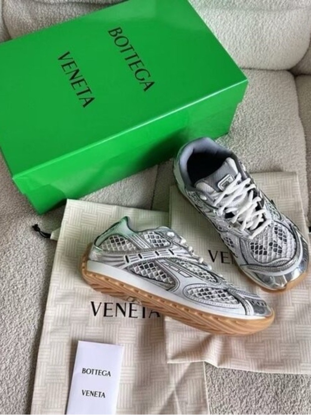 Bottega Veneta Silver Mesh Sneakers with Gum Sole